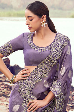 Lavender Floral Embroidered Tissue Saree (ACA9005)