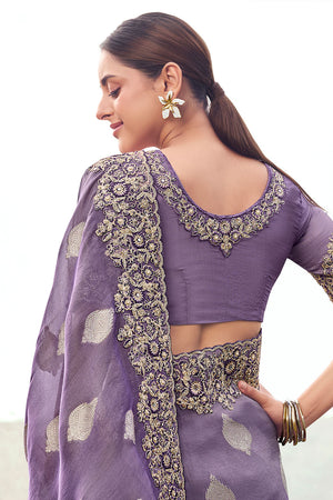 Lavender Floral Embroidered Tissue Saree (ACA9005)