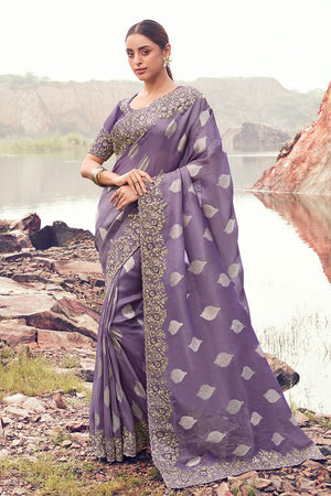 Lavender Floral Embroidered Tissue Saree (ACA9005)