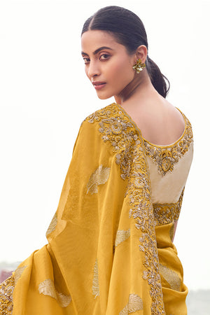 Mustard Sequin with Floral Embroidered Tissue Saree (ACA9006)