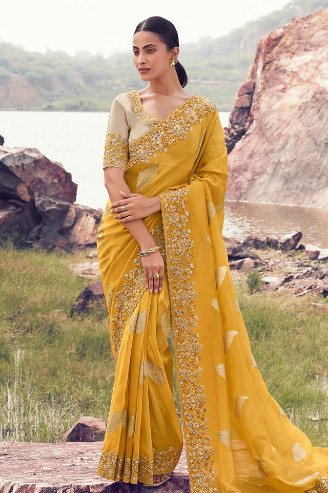 Mustard Sequin with Floral Embroidered Tissue Saree (ACA9006)