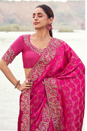 Pink Sequin with Floral Embroidered Satin Saree (ACA9007)