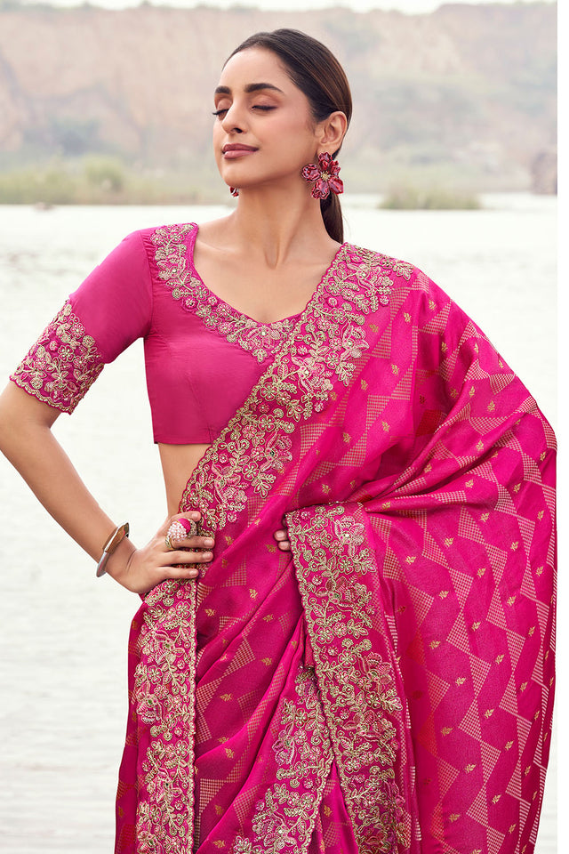 Pink Sequin with Floral Embroidered Satin Saree (ACA9007)