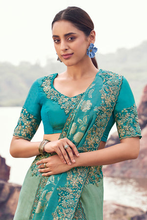 Sea Green Sequin with Floral Embroidered Bhagalpuri Tissue Saree (ACA9008)