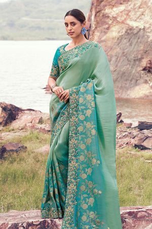 Sea Green Sequin with Floral Embroidered Bhagalpuri Tissue Saree (ACA9008)