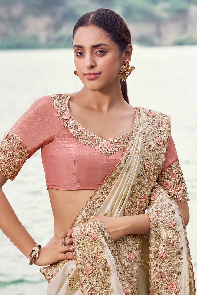 Cream Floral Embroidered Satin Saree (ACA9009)