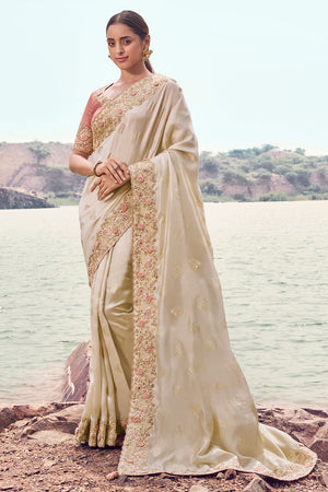 Cream Floral Embroidered Satin Saree (ACA9009)