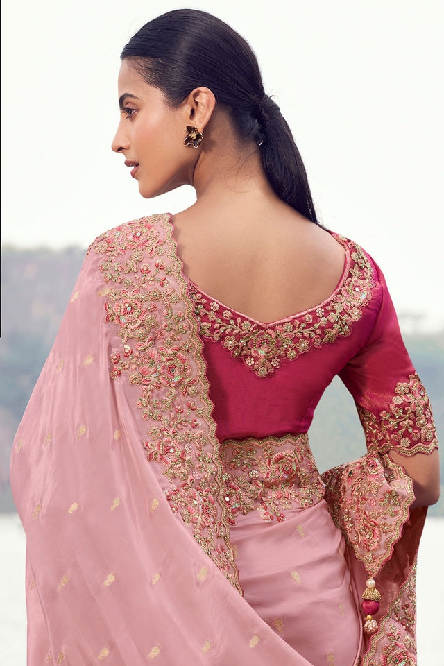 Peach Floral Embroidered Tissue Saree (ACA9010)