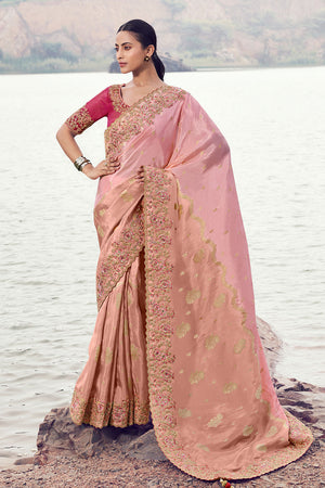Peach Floral Embroidered Tissue Saree (ACA9010)