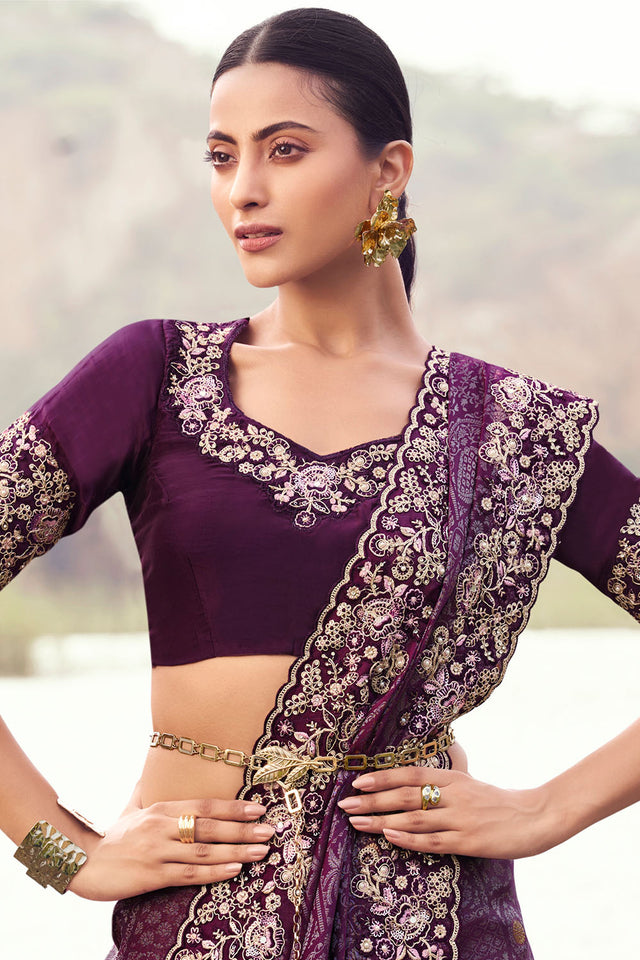 Purple Floral Embroidered Satin Saree (ACA9011)