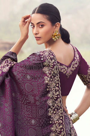 Purple Floral Embroidered Satin Saree (ACA9011)