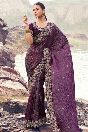 Purple Floral Embroidered Satin Saree (ACA9011)