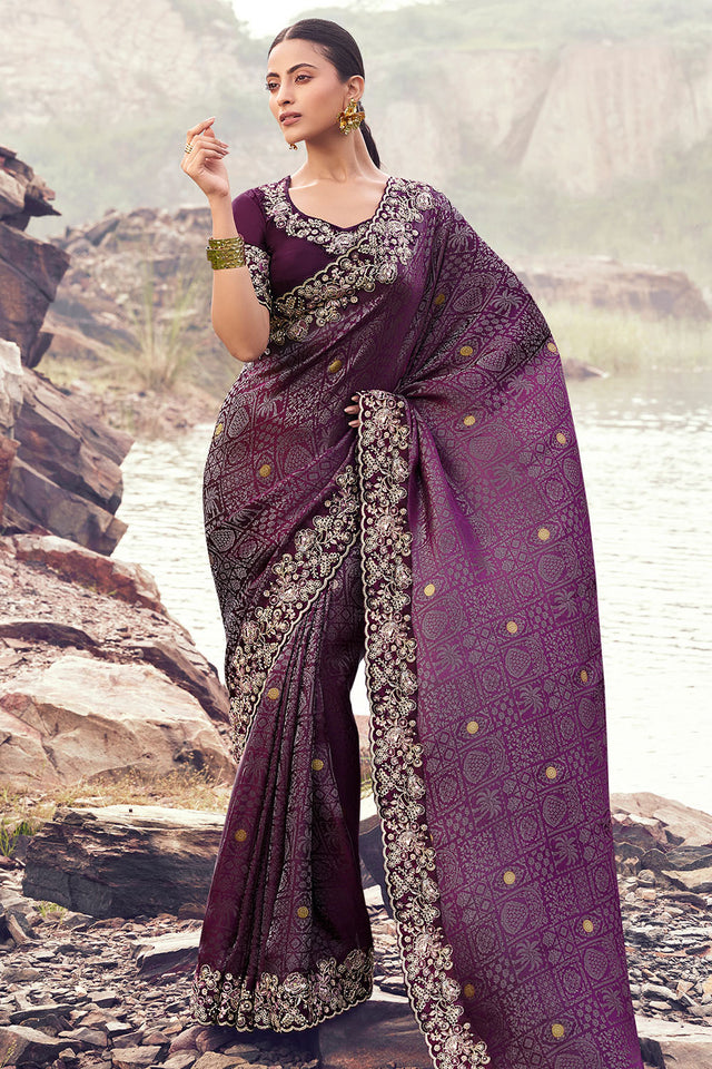 Purple Floral Embroidered Satin Saree (ACA9011)