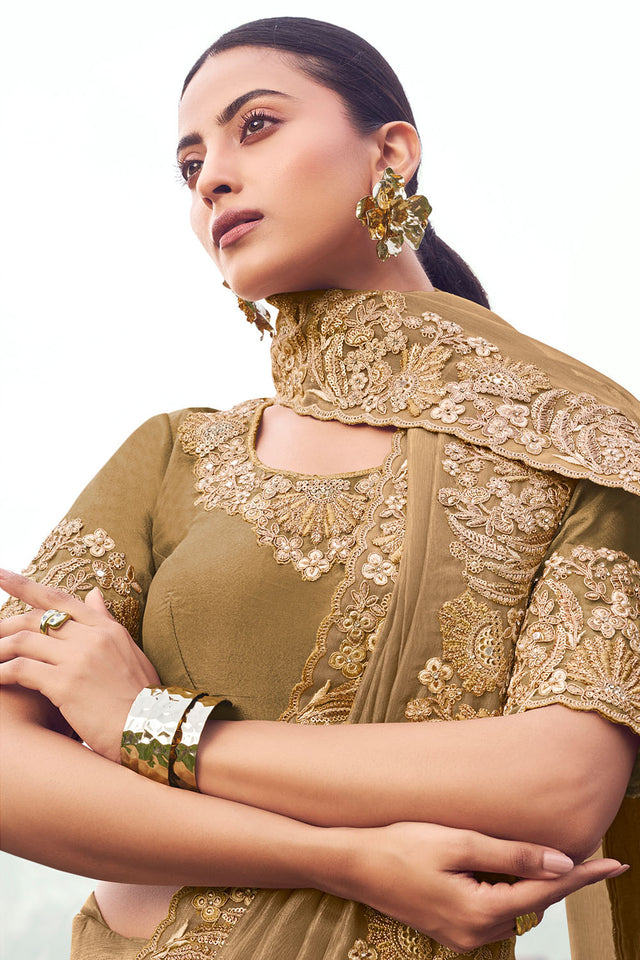 Beige Sequin with Floral Embroidered Banarasi Silk Saree (ACA9012)