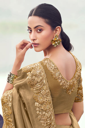 Beige Sequin with Floral Embroidered Banarasi Silk Saree (ACA9012)