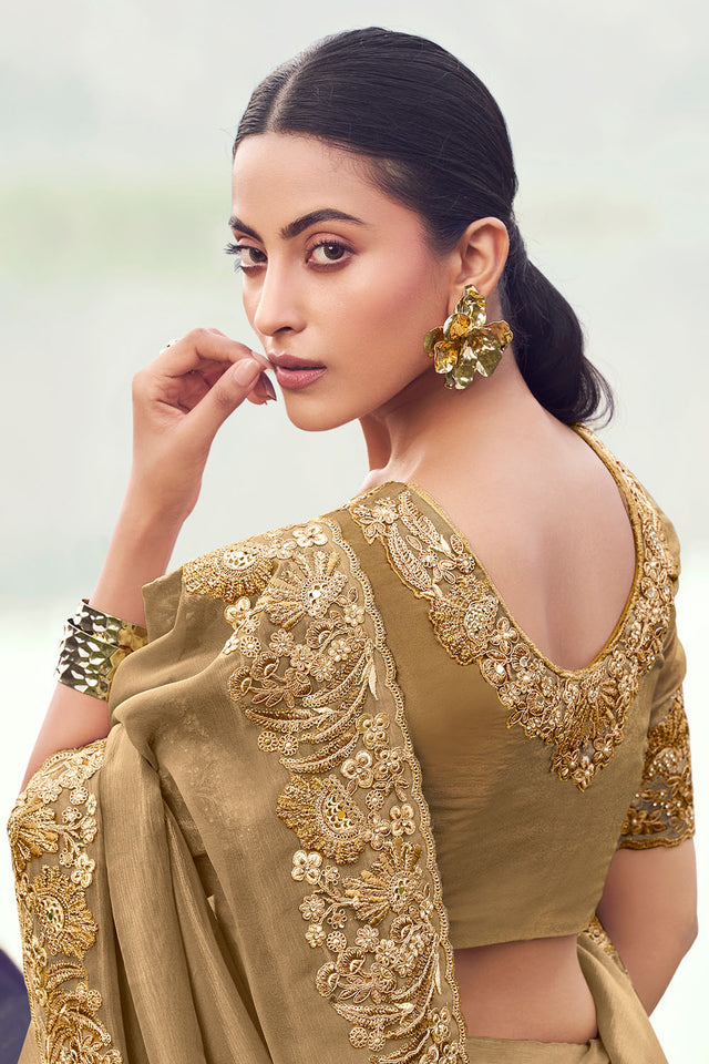 Beige Sequin with Floral Embroidered Banarasi Silk Saree (ACA9012)