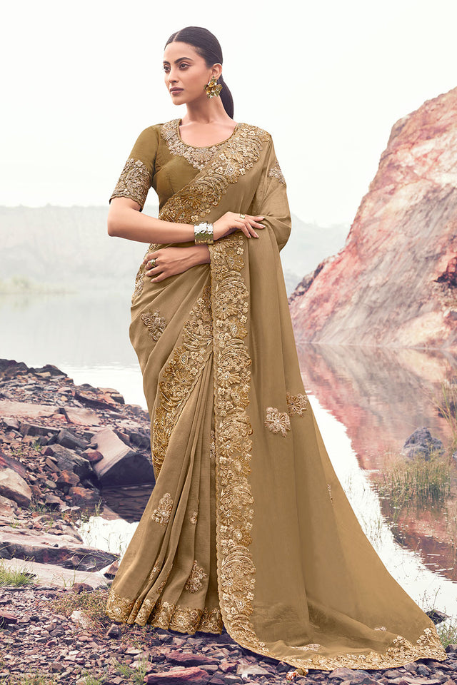 Beige Sequin with Floral Embroidered Banarasi Silk Saree (ACA9012)