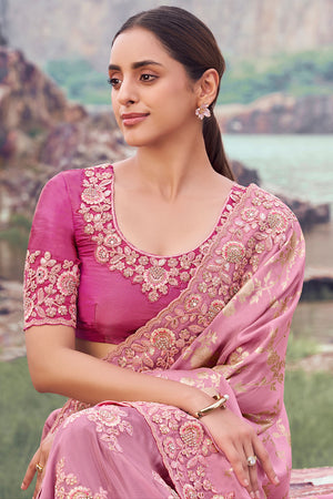 Pink Embllished with Floral Embroidered Tissue Saree (ACA9013)