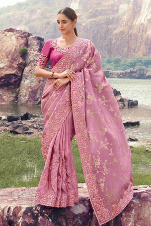 Pink Embllished with Floral Embroidered Tissue Saree (ACA9013)
