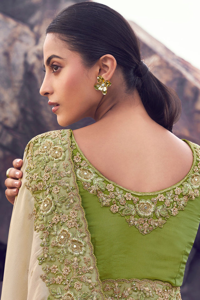 Green Sequin with Floral Embroidered Tissue Saree (ACA9014)