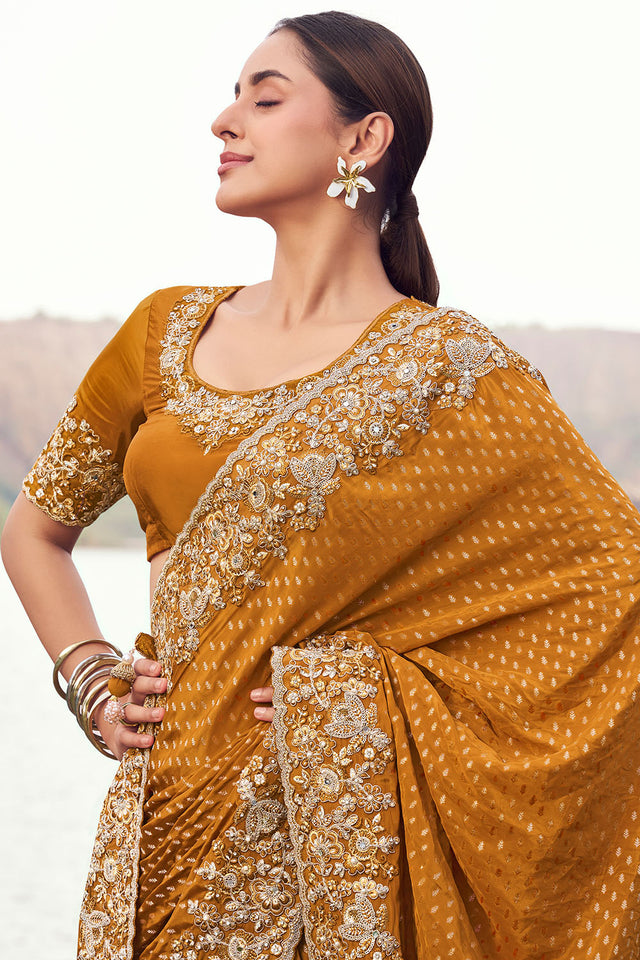 Mustard Sequin with Floral Embroidered Satin Saree (ACA9015)
