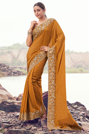 Mustard Sequin with Floral Embroidered Satin Saree (ACA9015)