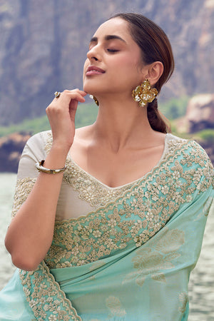 Sea Green Sequin with Floral Embroidered Tissue Saree (ACA9016)