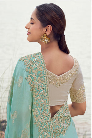 Sea Green Sequin with Floral Embroidered Tissue Saree (ACA9016)