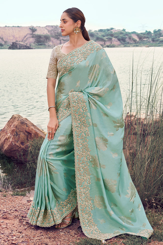 Sea Green Sequin with Floral Embroidered Tissue Saree (ACA9016)