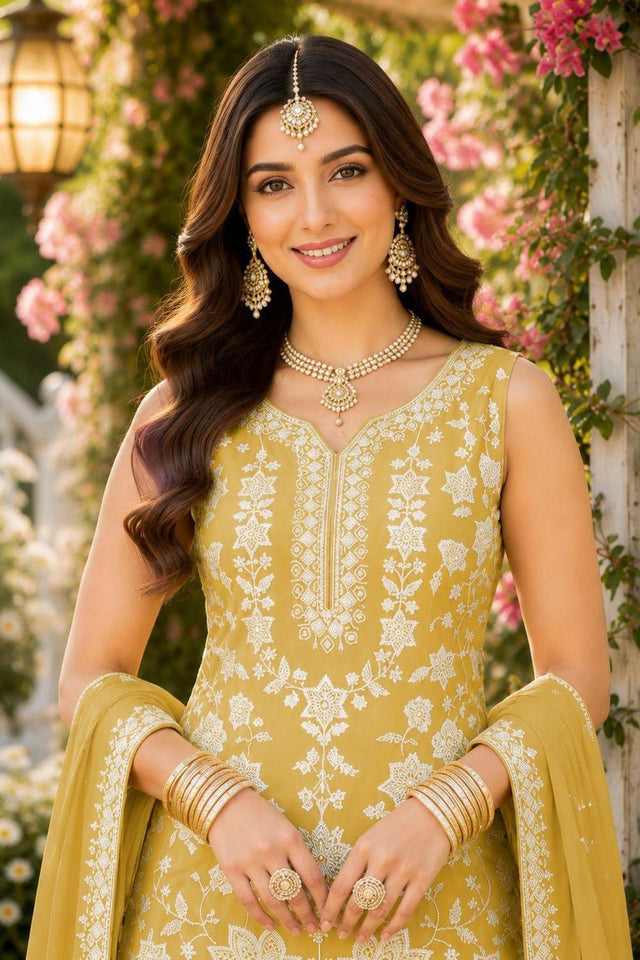 Mustard Floral Embroidered Chiffon Sharara Suit (ACA9017)