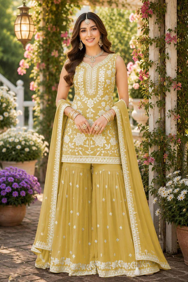 Mustard Floral Embroidered Chiffon Sharara Suit (ACA9017)