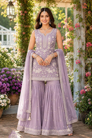 Lavender Floral Embroidered Chiffon Sharara Suit (ACA9018)