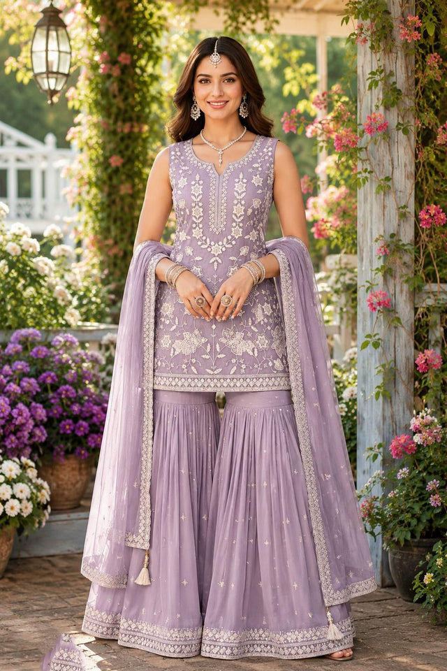 Lavender Floral Embroidered Chiffon Sharara Suit (ACA9018)