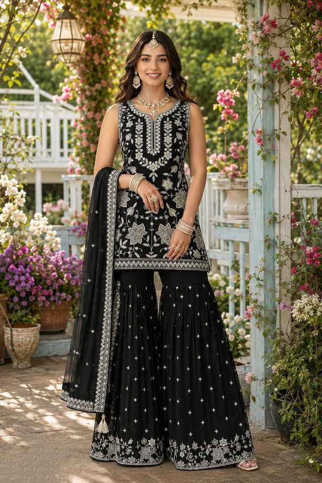 Black Floral Embroidered Chiffon Sharara Suit (ACA9019)