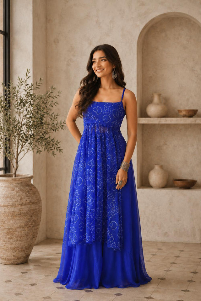 Blue Bandhani Printed Georgette Palazzo Suit (ACA9020)