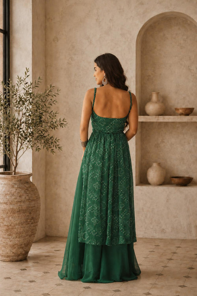 Green Bandhani Printed Georgette Palazzo Suit (ACA9021)