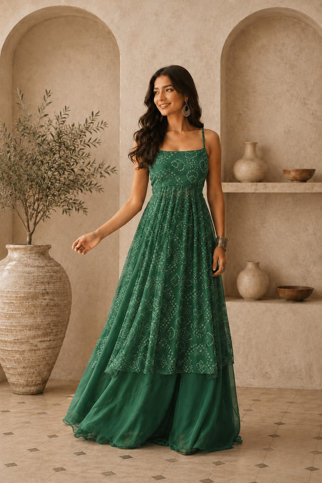 Green Bandhani Printed Georgette Palazzo Suit (ACA9021)