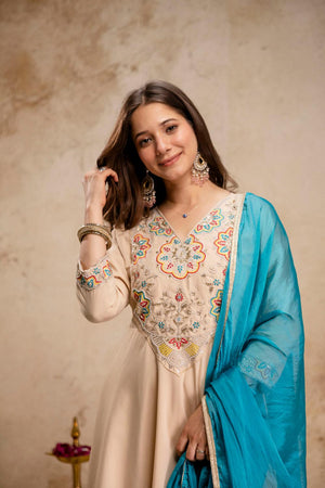 Cream Floral Embroidered Chanderi Anarkali Suit (ACA9023)