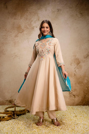 Cream Floral Embroidered Chanderi Anarkali Suit (ACA9023)