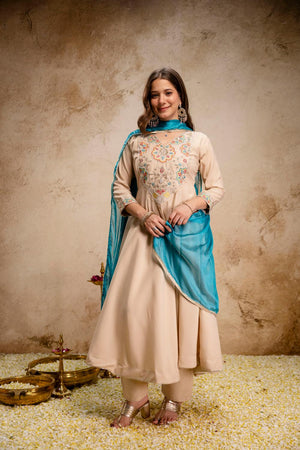 Cream Floral Embroidered Chanderi Anarkali Suit (ACA9023)