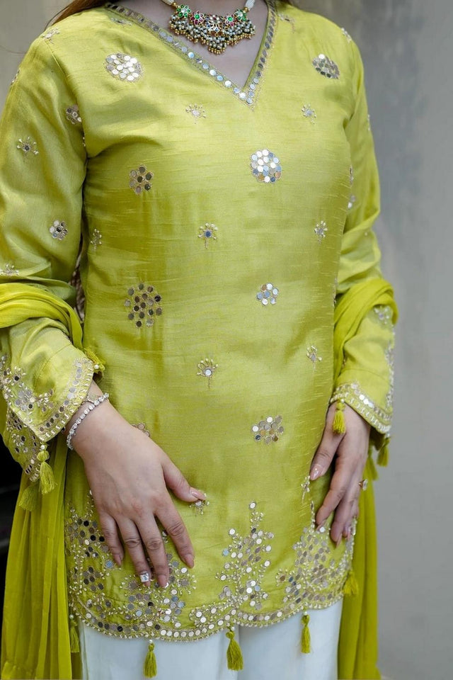 Yellow Mirror Sequin With Embroidered Silk Palazzo Suit (ACA9024)