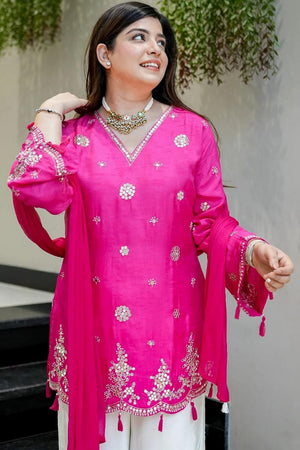 Pink Mirror Sequin With Embroidered Silk Palazzo Suit (ACA9025)