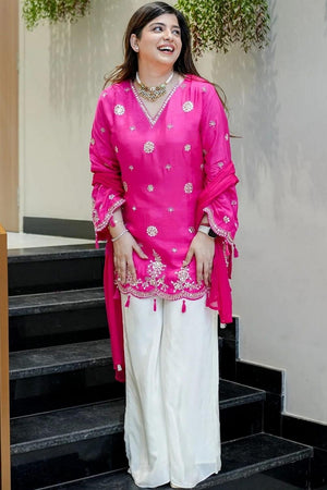 Pink Mirror Sequin With Embroidered Silk Palazzo Suit (ACA9025)