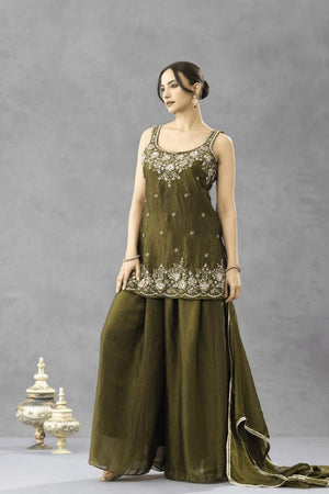 Green Floral Embroidered Silk Palazzo Suit (ACA9026)