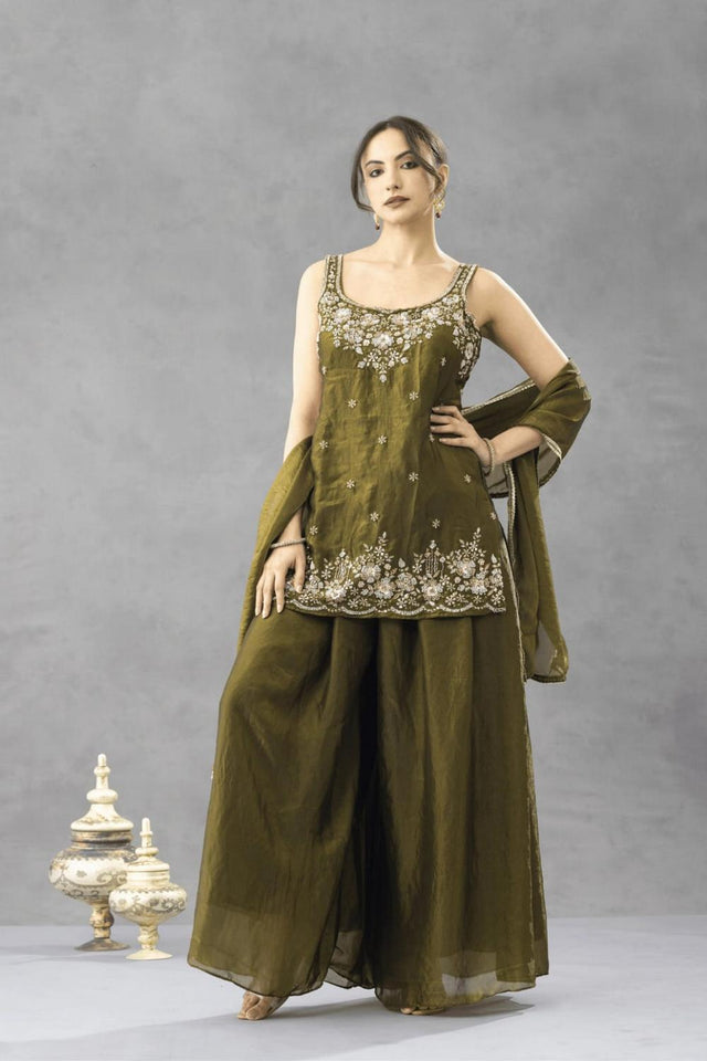Green Floral Embroidered Silk Palazzo Suit (ACA9026)