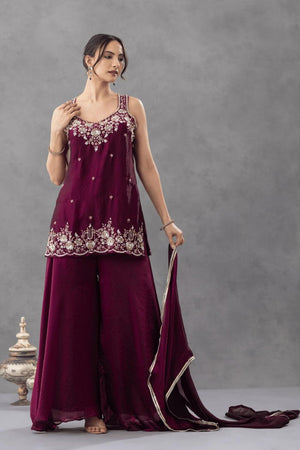 Purple Floral Embroidered Silk Palazzo Suit (ACA9027)