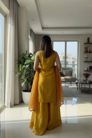 Mustard Floral Embroidered Silk Palazzo Suit (ACA9028)