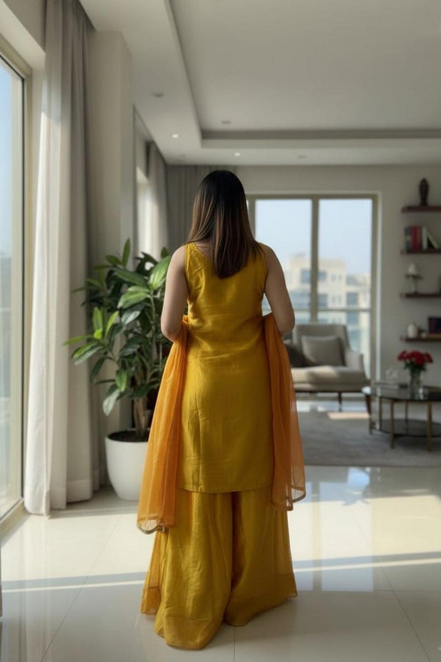 Mustard Floral Embroidered Silk Palazzo Suit (ACA9028)