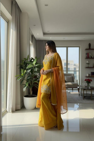 Mustard Floral Embroidered Silk Palazzo Suit (ACA9028)