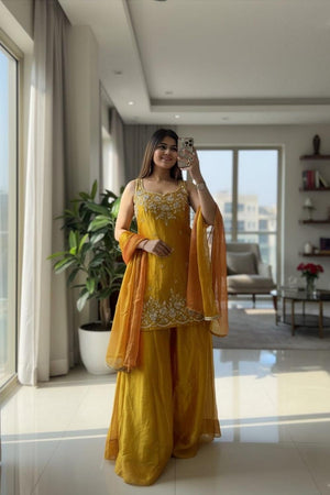 Mustard Floral Embroidered Silk Palazzo Suit (ACA9028)